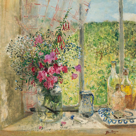 Impressionist still life painting of wildflowers in a glass jar on a windowsill, with a jug, bottles, and a garden view
