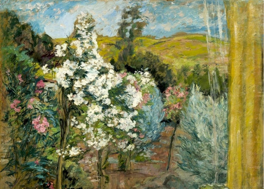 Impressionist painting of a flowering shrub seen through a window with a yellow curtain