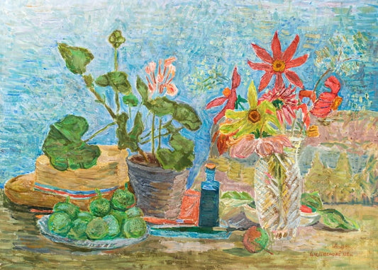 Still life painting of a straw hat, potted geranium, limes, and flowers by Zygmunt Waliszewski