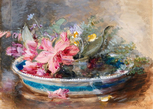 Watercolor still life of pink flowers in a blue-and-white bowl with a bird figure by James Holland