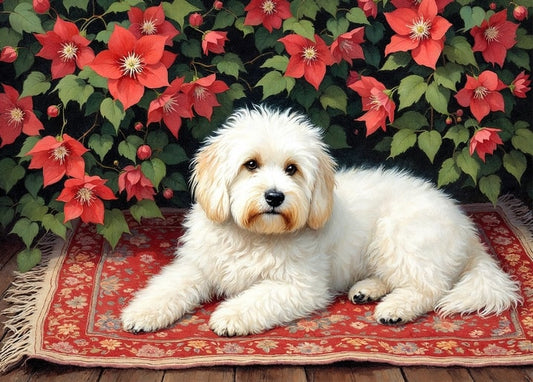 Fluffy white puppy resting on a red rug against blooming red clematis