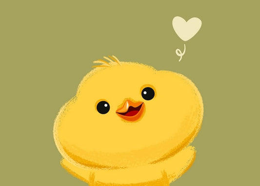 Round fluffy yellow chick with a tiny open beak and a floating cream heart above its head, olive-green background.
