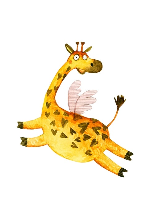 Watercolor illustration of a flying giraffe with heart-shaped spots and pink fairy wings