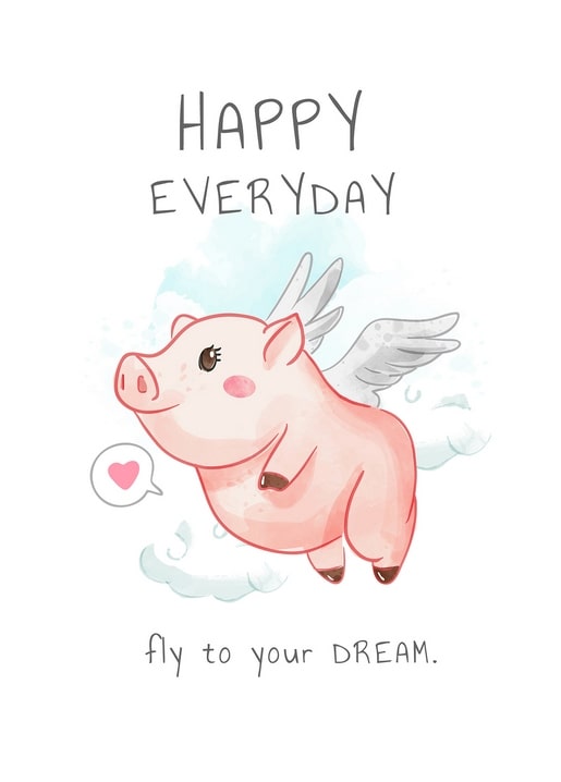 Watercolor flying pig with wings soaring through fluffy clouds