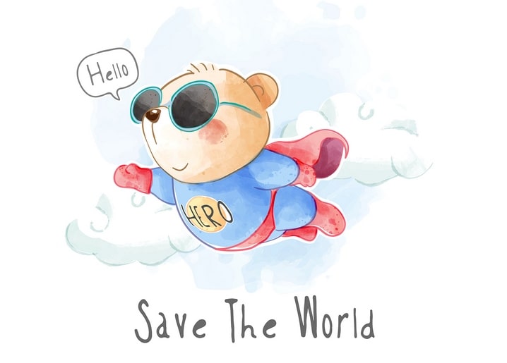 Aquarell-Teddybär im roten Umhang und HERO-Kostüm fliegt durch die Wolken