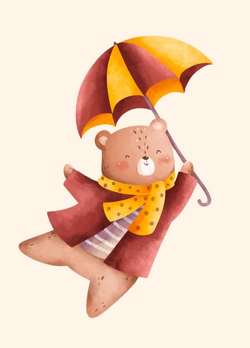 Watercolor teddy bear in a scarf flying while holding a striped umbrella