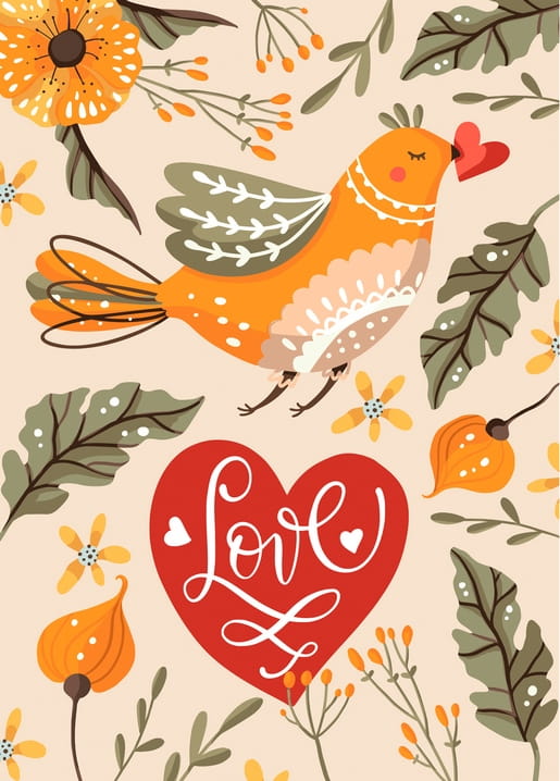 Orangefarbener Vogel zwischen Blumen mit rotem Herz „Love“ auf der Postkarte
