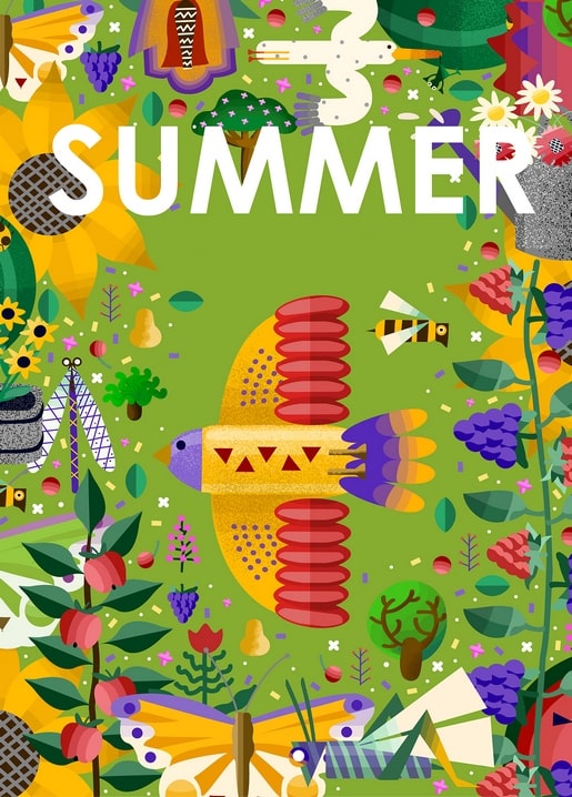 Folk-art illustration of a geometric bird among sunflowers, daisies, and berries