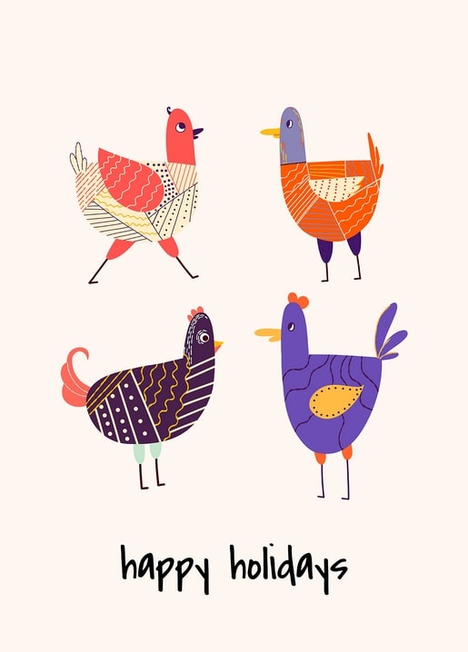 Four folk-art patterned birds with a hand-lettered 'happy holidays' greeting