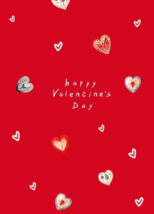 Kleine Folk-Art-Herzen auf rotem Hintergrund mit handgeschriebenem Valentinsgruß