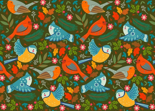 Olive-green folk pattern of robins, blue tits and flowers among oak leaves and holly