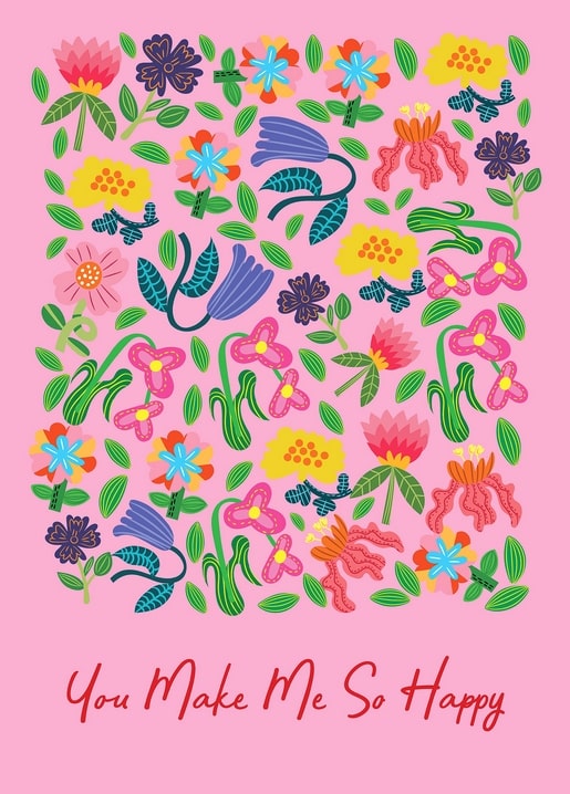 Folk-art floral pattern postcard with the message ‘You Make Me So Happy’