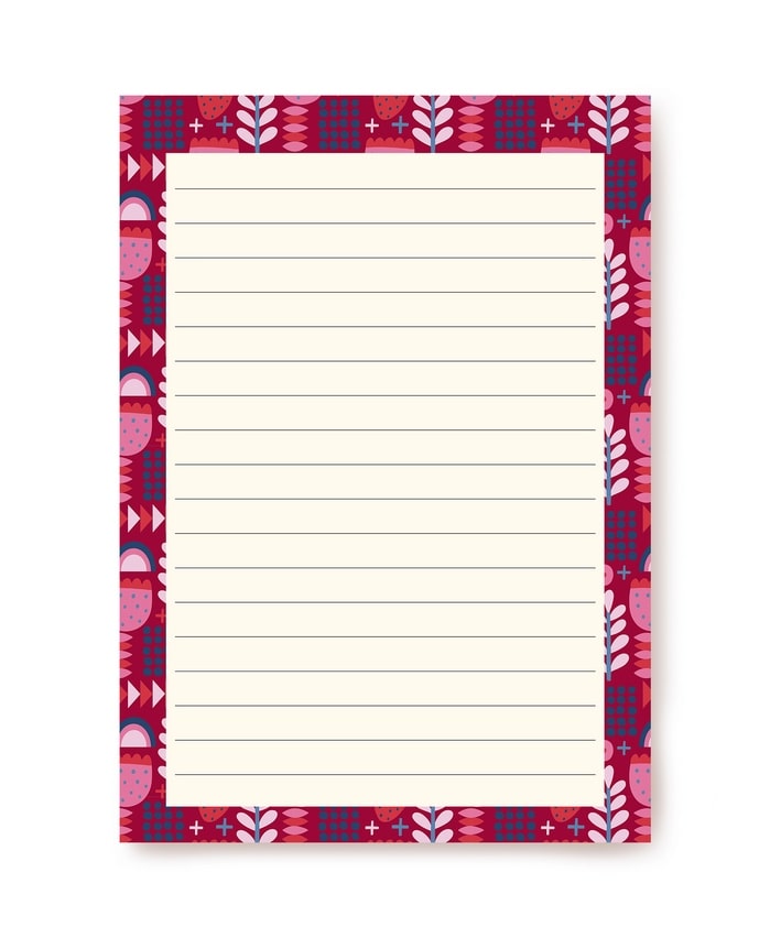Burgundy folk-art border with pink tulips and strawberries around lined A5 writing paper
