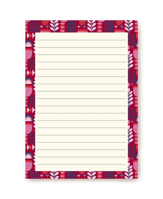 Burgundy folk-art border with pink tulips and strawberries around lined A5 writing paper