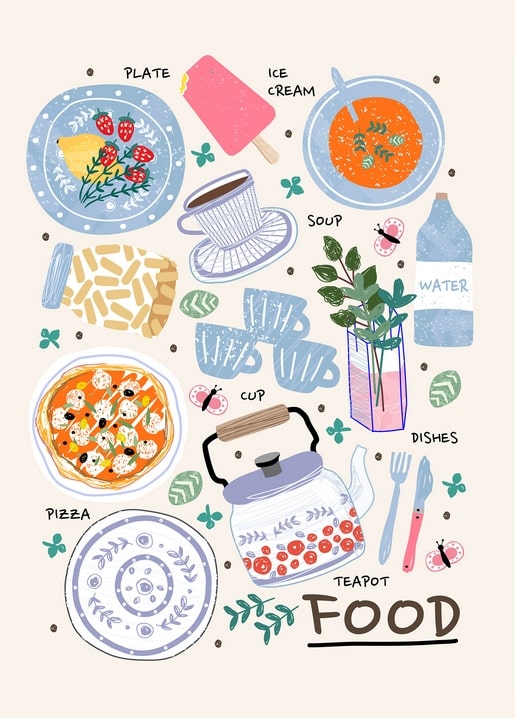 Illustrated food chart postcard with pizza, soup, ice cream and a patterned teapot