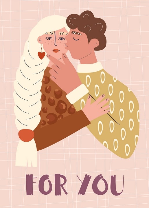 Illustriertes Paar beim Kuss, Frau mit Zopf und Herz-Ohrring, Schriftzug „For You“