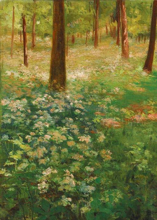 Forest floor covered in white blossoms beneath tree trunks, painting by Eliseu Visconti