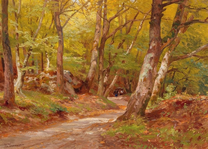 Gemälde: sonniger herbstlicher Waldweg mit goldenem Laub und zwei Wanderern in der Ferne.