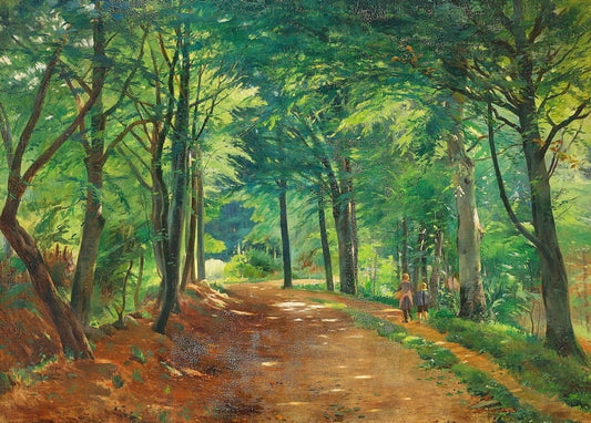 Sunlit forest path with two children walking under tall beech trees