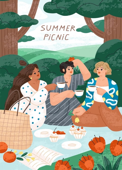 Three friends drinking tea and eating cupcakes at a forest picnic, illustrated postcard