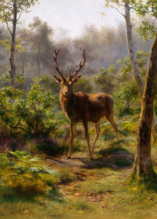 Red deer stag standing among ferns in a misty forest, painting by Rosa Bonheur