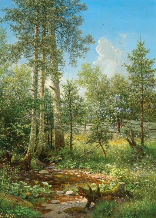 Forest landscape painting of a stone-bedded stream among pines and wildflowers, signed by Eduard Leonhardi, 1892.