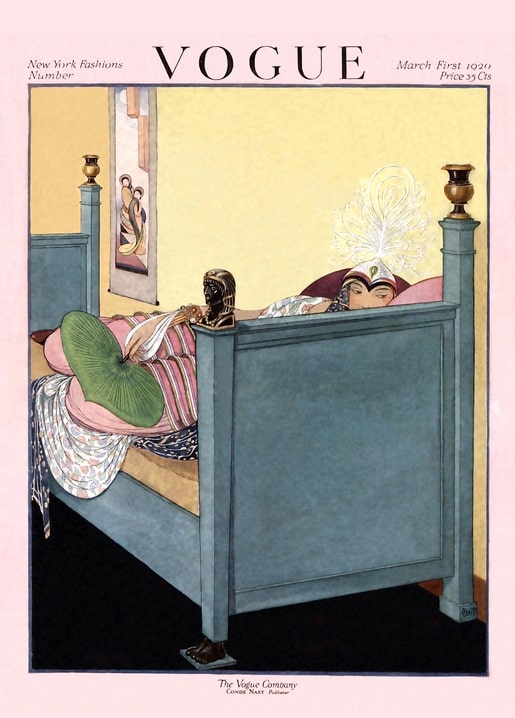 Two figures reclining in a blue four-poster bed with Egyptian-style bust, 1920 Vogue cover postcard