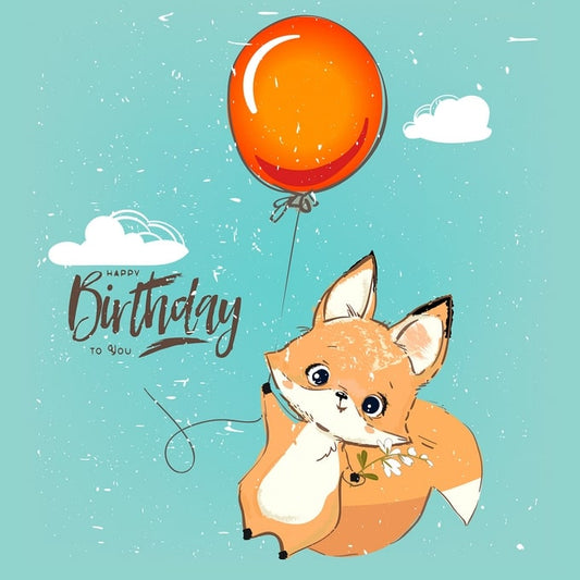 Мальоване лисеня з помаранчевою кулькою на бірюзовому тлі й написом Happy Birthday