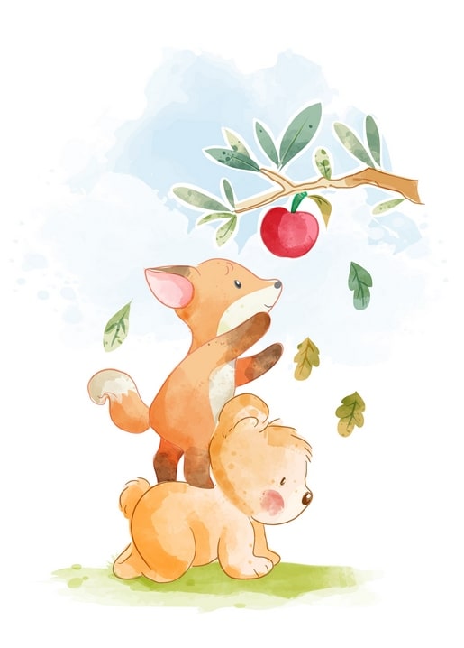Aquarellierter Fuchs greift nach einem Apfel, Bärenjunges klettert hinterher