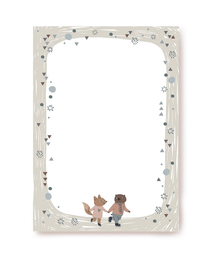 Fox and bear cub in sweaters holding hands while ice-skating, framed by a hand-drawn border of stars and dots