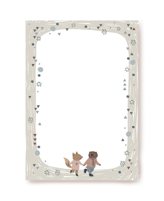 Fox and bear cub in sweaters holding hands while ice-skating, framed by a hand-drawn border of stars and dots