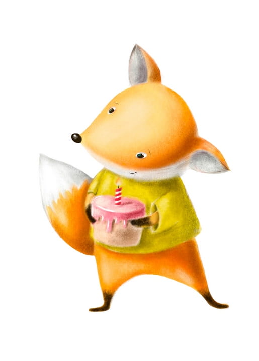 Illustrierter Fuchs im grünen Pullover hält eine rosa Geburtstagstorte mit brennender Kerze