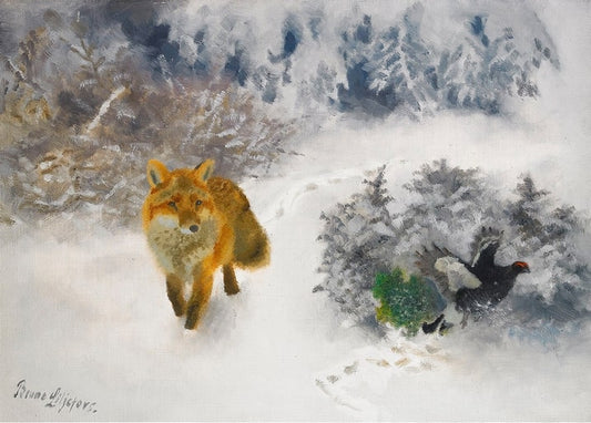 Rotfuchs durchquert Schnee auf ein Birkhuhn zu, das sich im Gebüsch verbirgt, Gemälde von Bruno Liljefors.