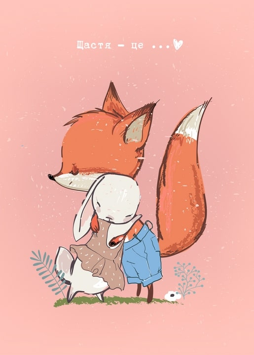 Illustration of a fox dressing a little bunny with 'Happiness is...' caption on pink background