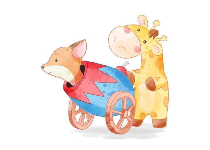 Aquarellillustration eines Fuchses in einem gestreiften Wagen, geschoben von einer Giraffe