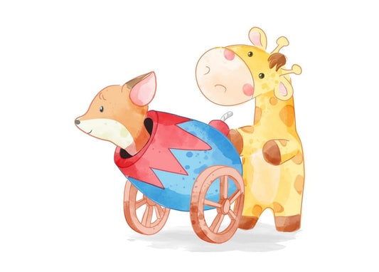 Aquarellillustration eines Fuchses in einem gestreiften Wagen, geschoben von einer Giraffe