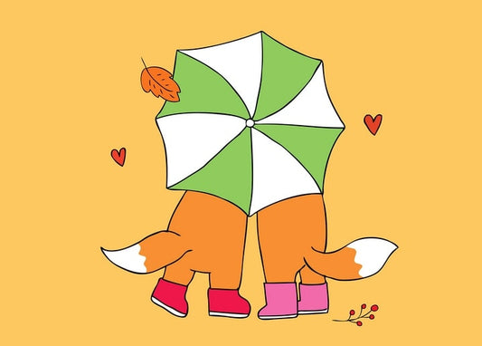 Two foxes in rain boots standing tail to tail under a shared umbrella with hearts