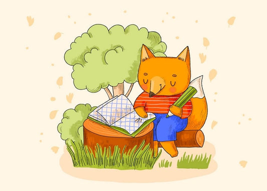 Fox cub in a striped sweater reading a checkered book on a tree stump in an autumn forest
