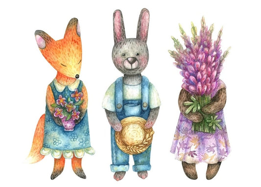 Watercolor fox, hare, and bear dressed in clothes, holding flowers and a sun hat