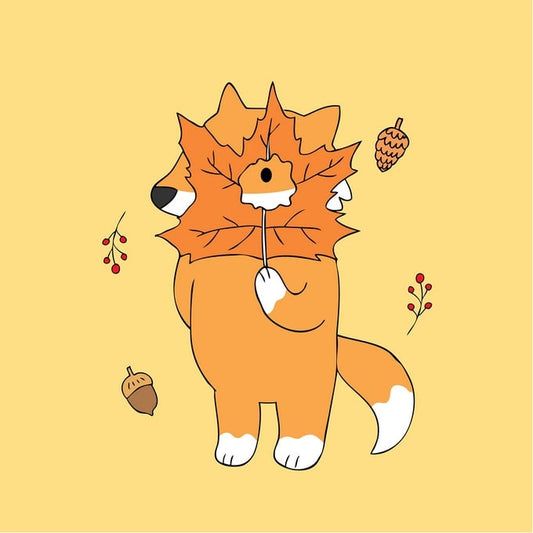 Fox peeking through a large maple leaf held like a mask, with an acorn and pinecone nearby