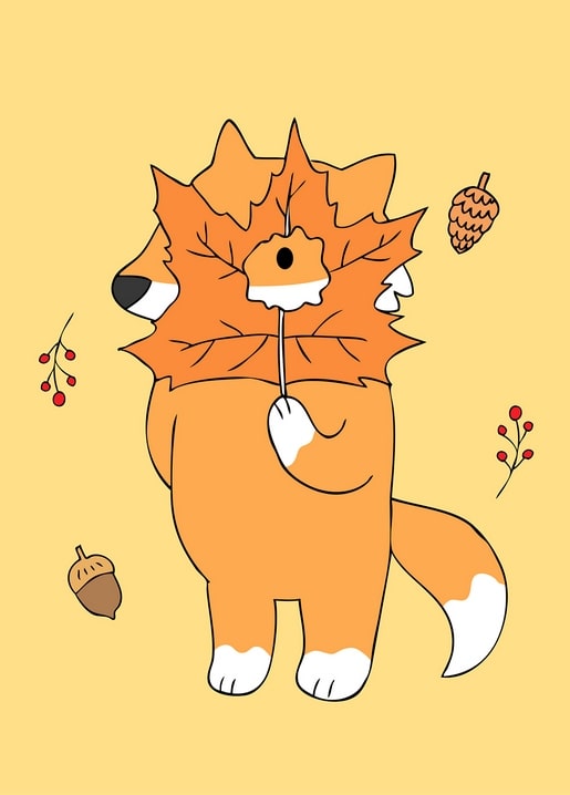 Cartoon fox holding an oversized maple leaf as a mask, surrounded by an acorn, pinecone and red berries