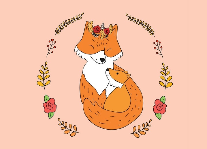 Fox embracing her cub inside a wreath of roses and autumn leaves