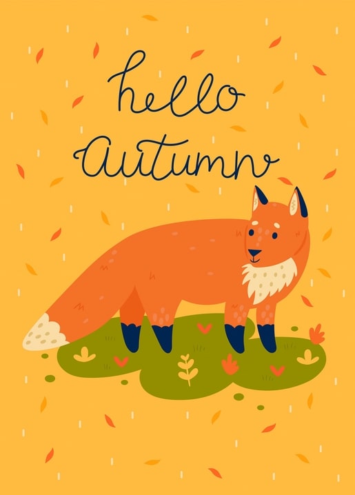 Orange fox standing on green grass with a hand-lettered Hello Autumn greeting