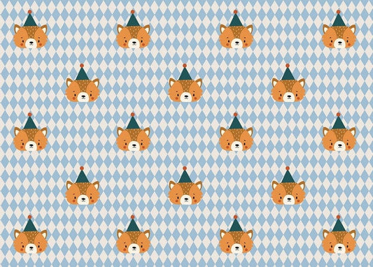 Repeating pattern of fox faces in green party hats on a blue harlequin background