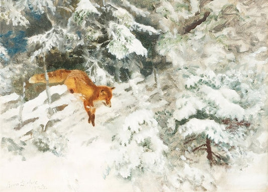 Fuchs springt über verschneiten Boden zwischen schneebedeckten Fichten, Gemälde von Bruno Liljefors