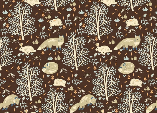 Repeating pattern of foxes and rabbits among bare trees and autumn leaves on dark brown