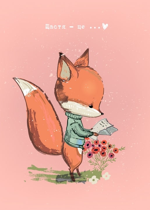 Illustrated fox in a green sweater reading a letter with a bouquet of poppies