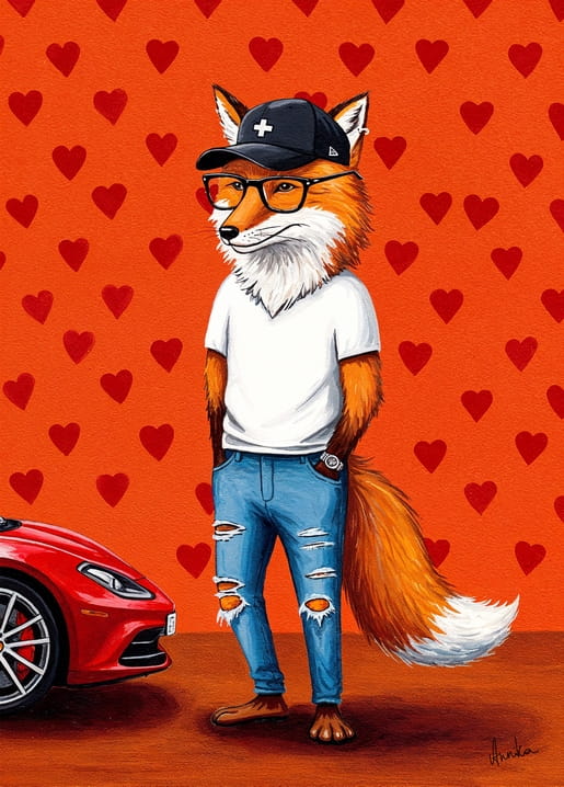 Illustrated fox in a cap and glasses leaning on a red sports car, heart background
