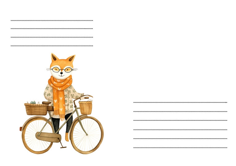 Aquarellillustration eines Fuchses mit Brille und orangem Schal neben einem Fahrrad mit Körben.