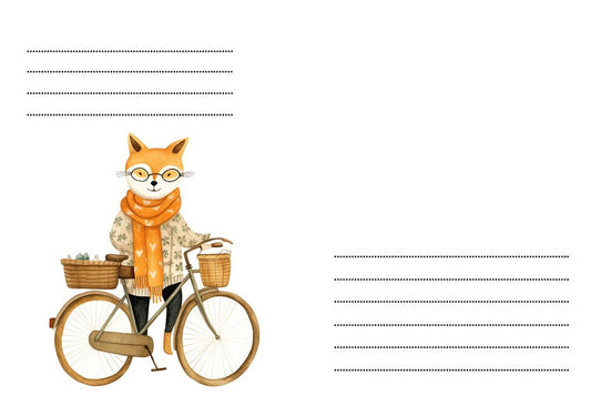 Aquarellillustration eines Fuchses mit Brille und orangem Schal neben einem Fahrrad mit Körben.